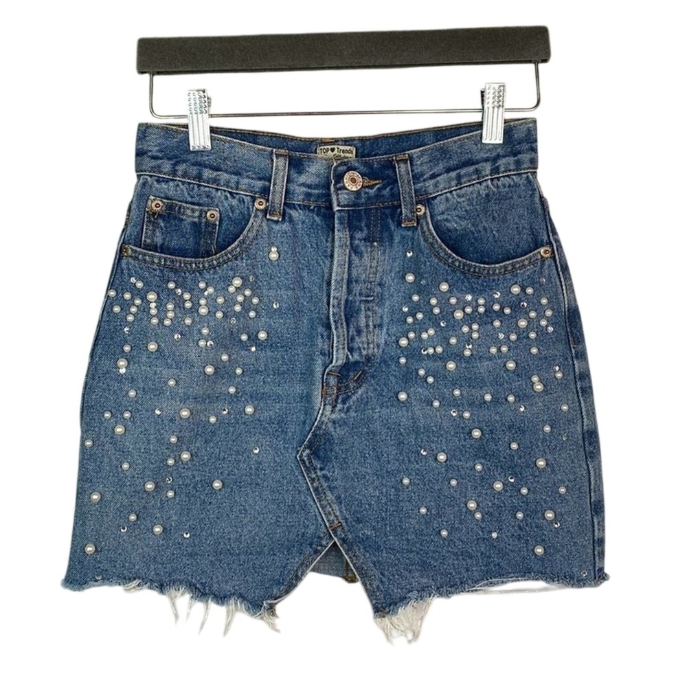 Pearl Embellished Denim Mini Skirt XS Raw Hem Y2K Retro Trendy Casual Festival